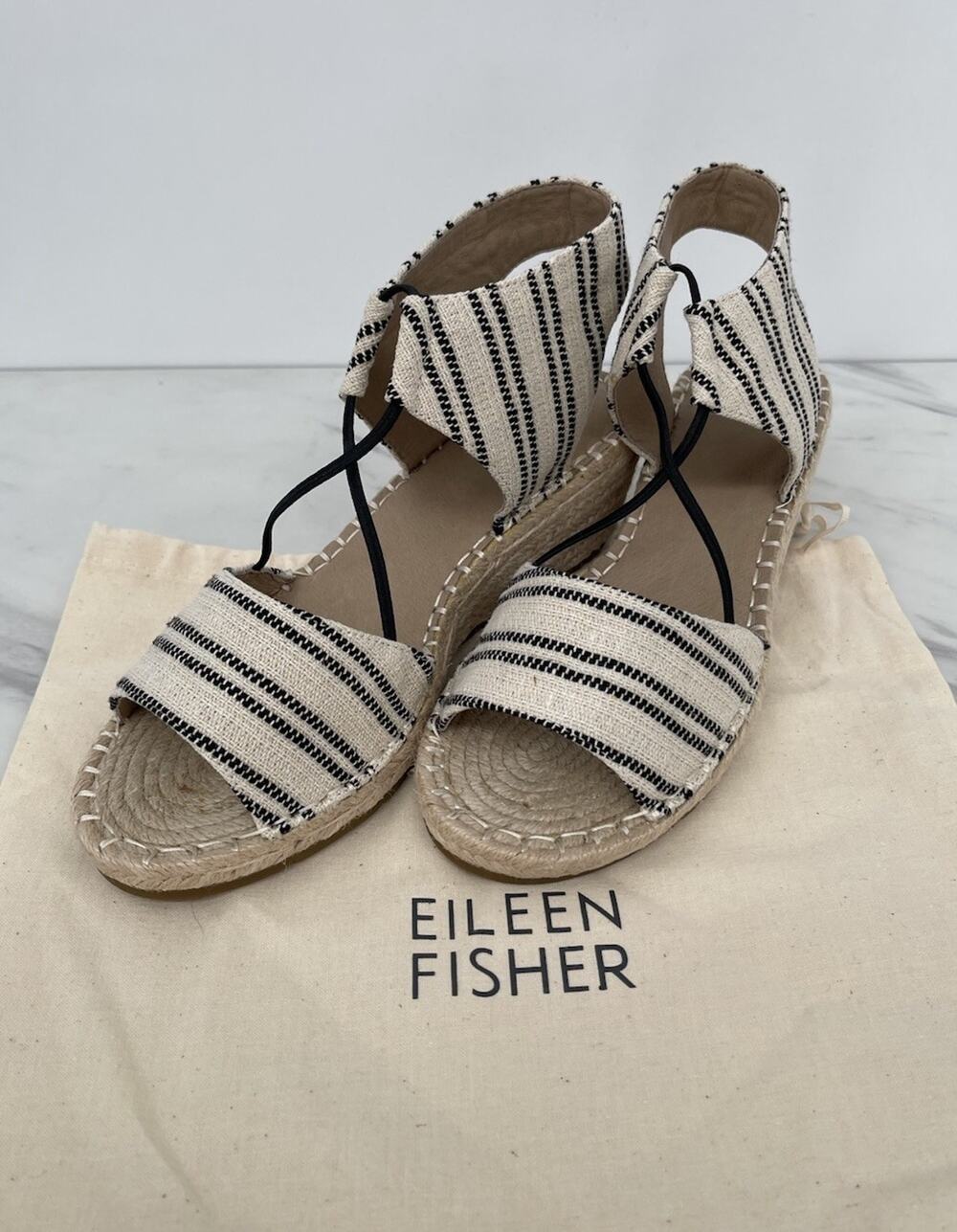 Eileen Fisher Agnes Espadrille Wedge Sandals Natural Black Size 8.5